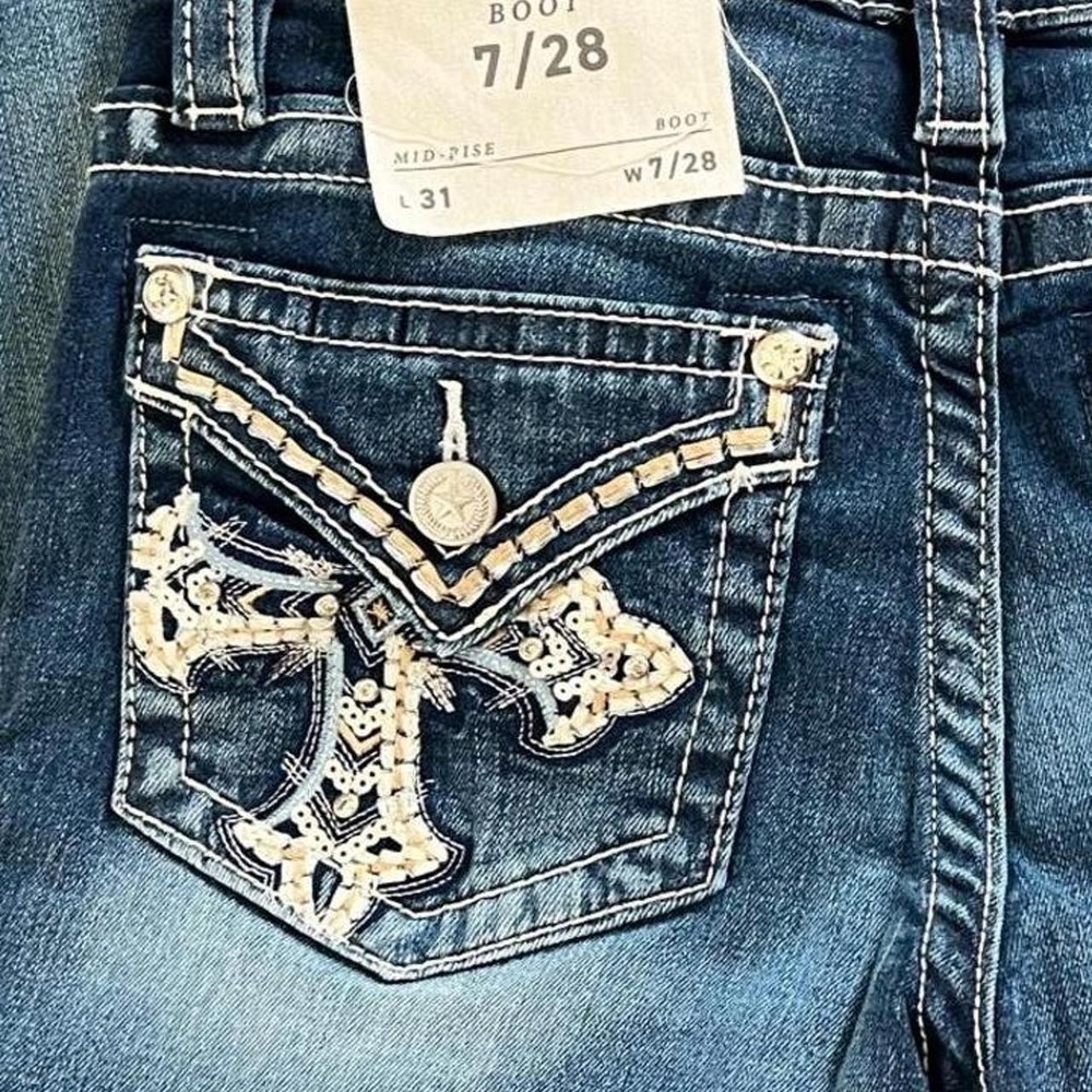 Y2K Stella in Dreams Dark Wash Bootcut Jeans NWT Embellished Cross Pockets